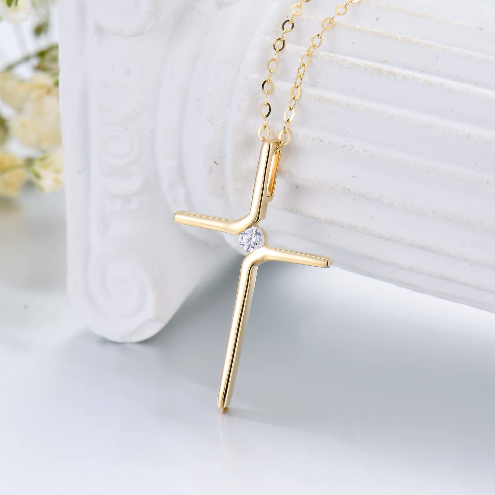 14k Real Gold Cross Necklace for Womens, Simple Yellow Gold Crucifix Cross Pendants Religious Confirmation Jewelry Gift for Her Mom, Wife, 16"-18"