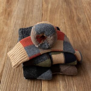 5 Pairs Men's Winter Wool Socks Warm Thick Thermal Socks for Men Nordic Hiking Warm Soft Stripe Splicing Retro Socks Men Size 7-11