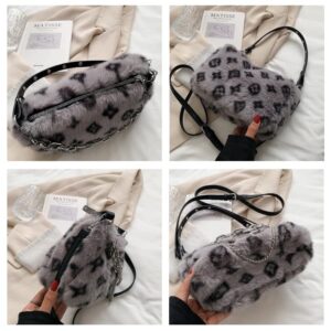 2022 New Leopard Print Plush Shoulder Cross-body Bag Fashion Chain One-shoulder Armpit Tote Y2K Purse Hobo Bag (Grey)