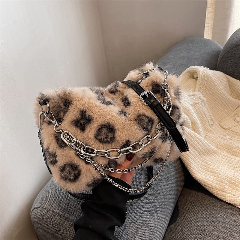 2022 New Leopard Print Plush Shoulder Cross-body Bag Fashion Chain One-shoulder Armpit Tote Y2K Purse Hobo Bag (Grey)