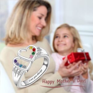 YUYOO Personalized Mothers Rings with Simulated Birthstones Engraved 1-8 Family Names Mother's Day Rings Custom Love Heart Family Rings for Women (Silver)