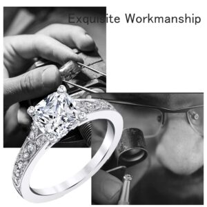 Cushion Engagement Rings for Women White Gold Vintage 1CT Center Moissanite Engagement Ring Platinum Plated Silver 10K 14K 18K Gold Wedding Anniversary Promise Rings with Text Engraving (18K Gold)