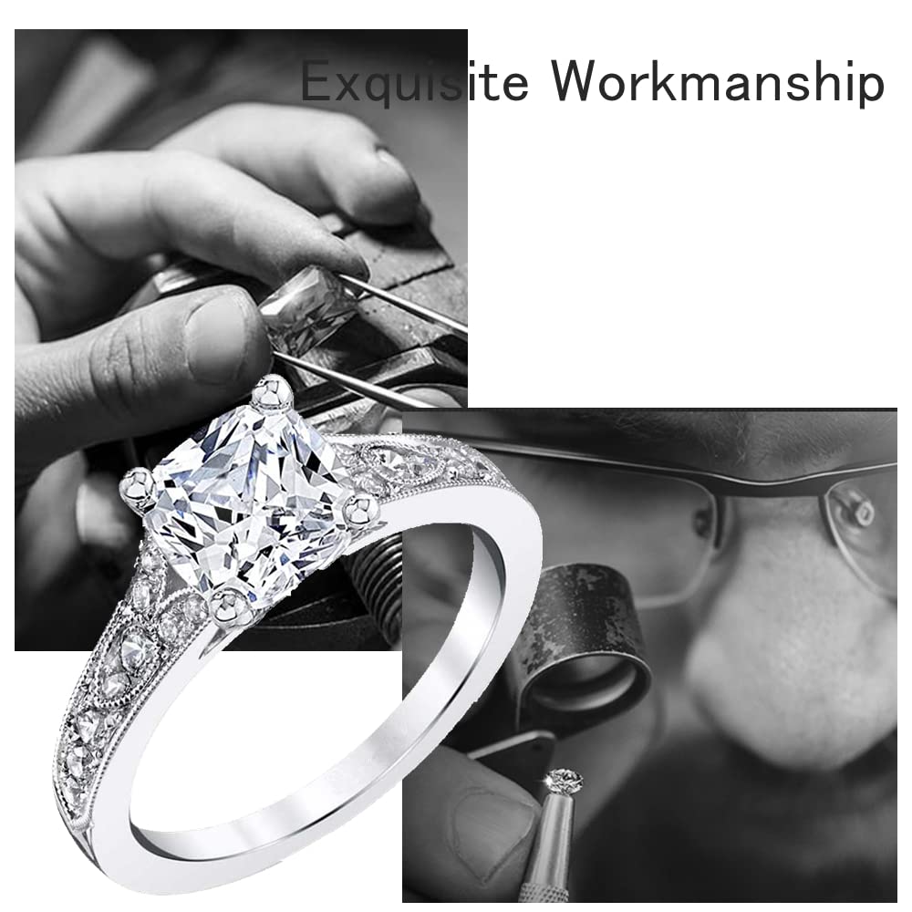 Cushion Engagement Rings for Women White Gold Vintage 1CT Center Moissanite Engagement Ring Platinum Plated Silver 10K 14K 18K Gold Wedding Anniversary Promise Rings with Text Engraving (18K Gold)