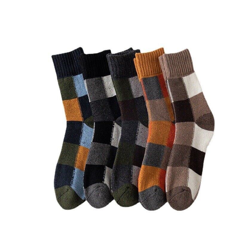 5 Pairs Men's Winter Wool Socks Warm Thick Thermal Socks for Men Nordic Hiking Warm Soft Stripe Splicing Retro Socks Men Size 7-11