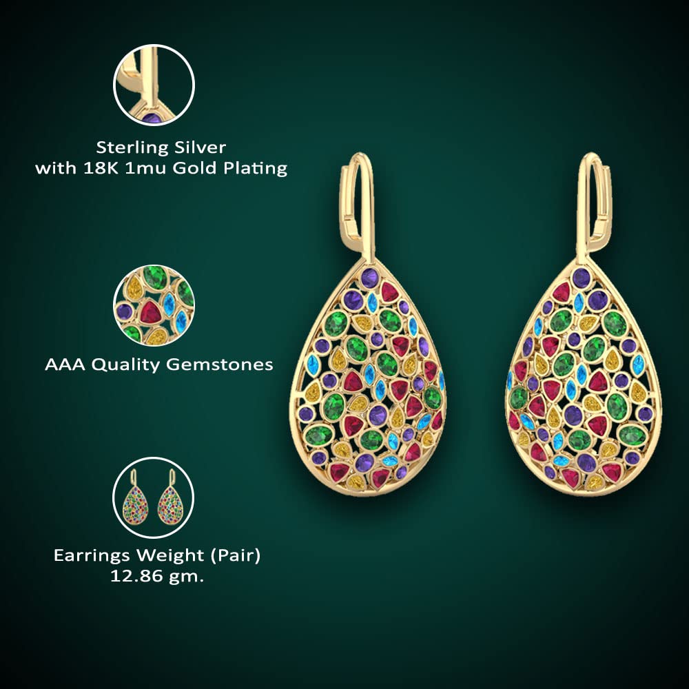 Silver Smile – Gold Plated Pear Shaped Drop Earrings Set – Multi Gemstone Drop Earrings for Women – Rainbow Oval Shaped Leverback Earrings – Gift Set for Valentine’s Day and Birthday