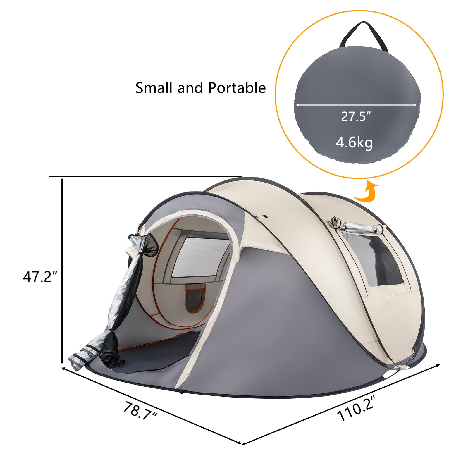 VINGLI Pop Up Camping Tent,Waterproof Automatic Setup -Instant Family Tents for Camping Hiking & Traveling, 110” x 79” x 48” (Grey)