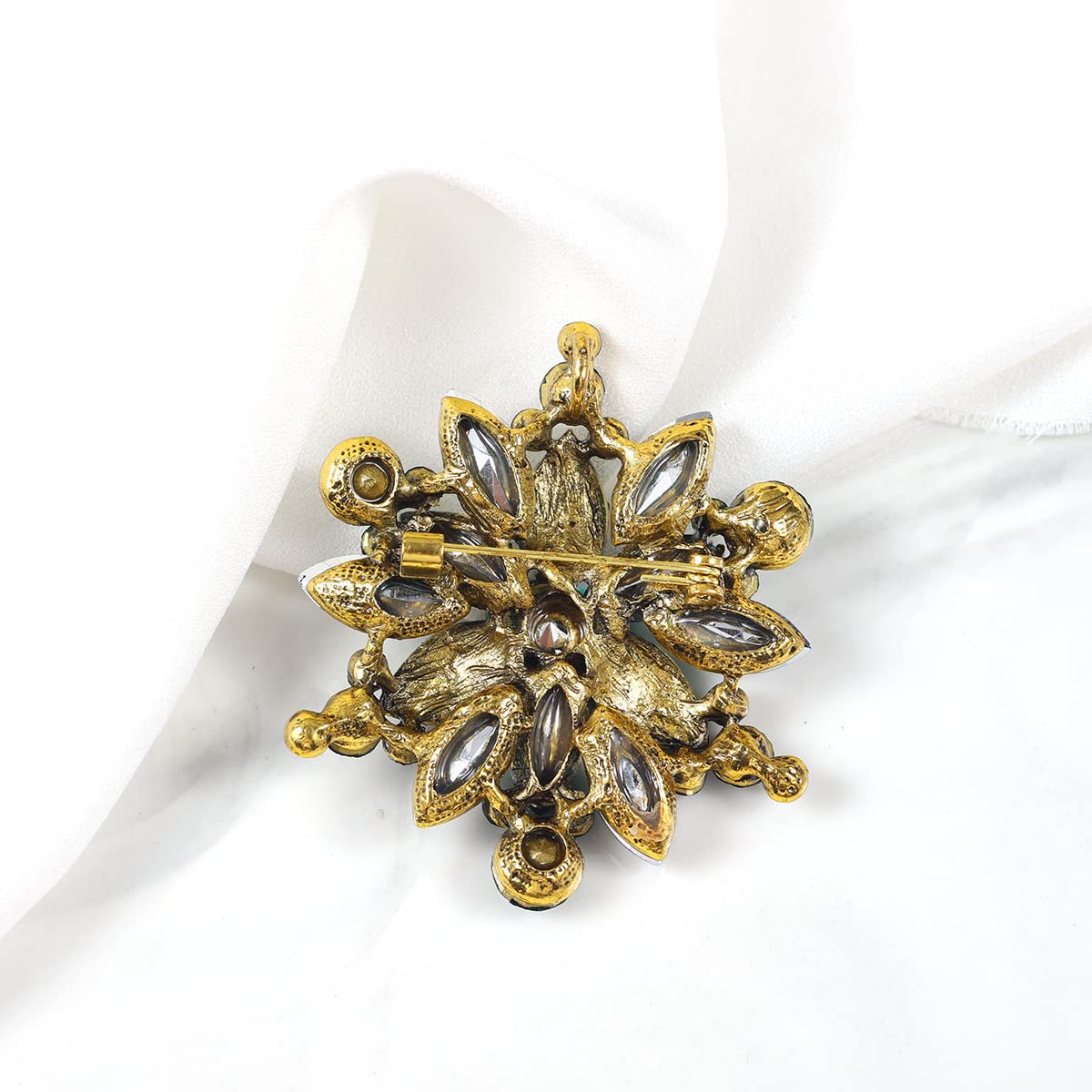 YOQUCOL Vintage Dark Green Austrian Crystal Rhinestone Flower Shape Brooch Pin For Women