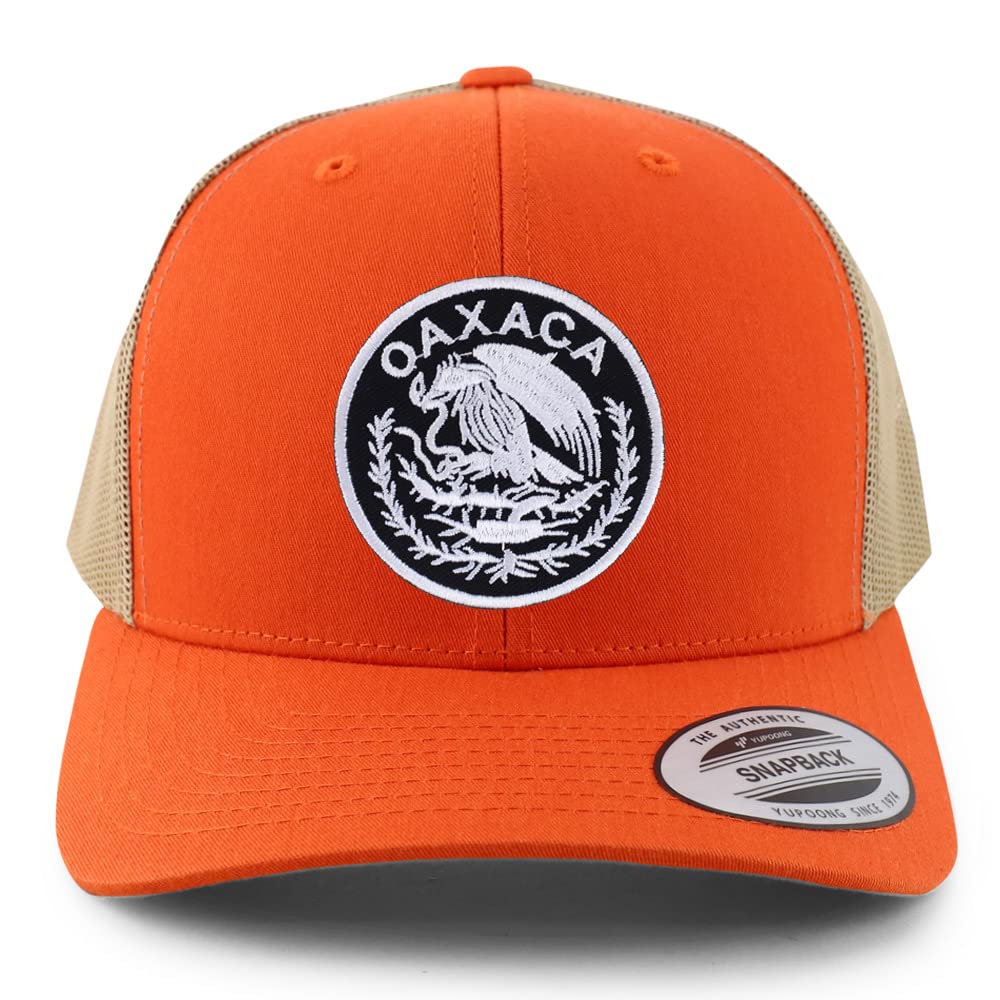 Trendy Apparel Shop Oaxaca Mexico Patch 6 Panel Trucker Mesh Cap - Orange Tan - White Patch