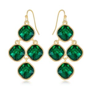 CLASSYZINT Emerald Green Cyrstals Dangle Earrings For Women Shiny Gold Plated Square Alloy Parts Statement Earrings Diamond Chandelier Earrings Women