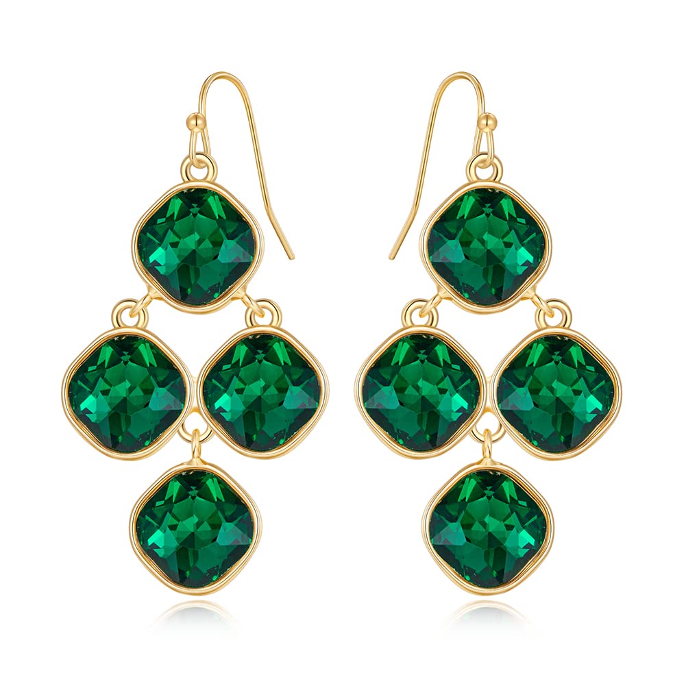 CLASSYZINT Emerald Green Cyrstals Dangle Earrings For Women Shiny Gold Plated Square Alloy Parts Statement Earrings Diamond Chandelier Earrings Women