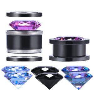 COOEAR DIY Gauges for Ears, Stainless Steel Screw Back Tunnels Earrings, Mix Crystal Gem Color Plugs Expander.