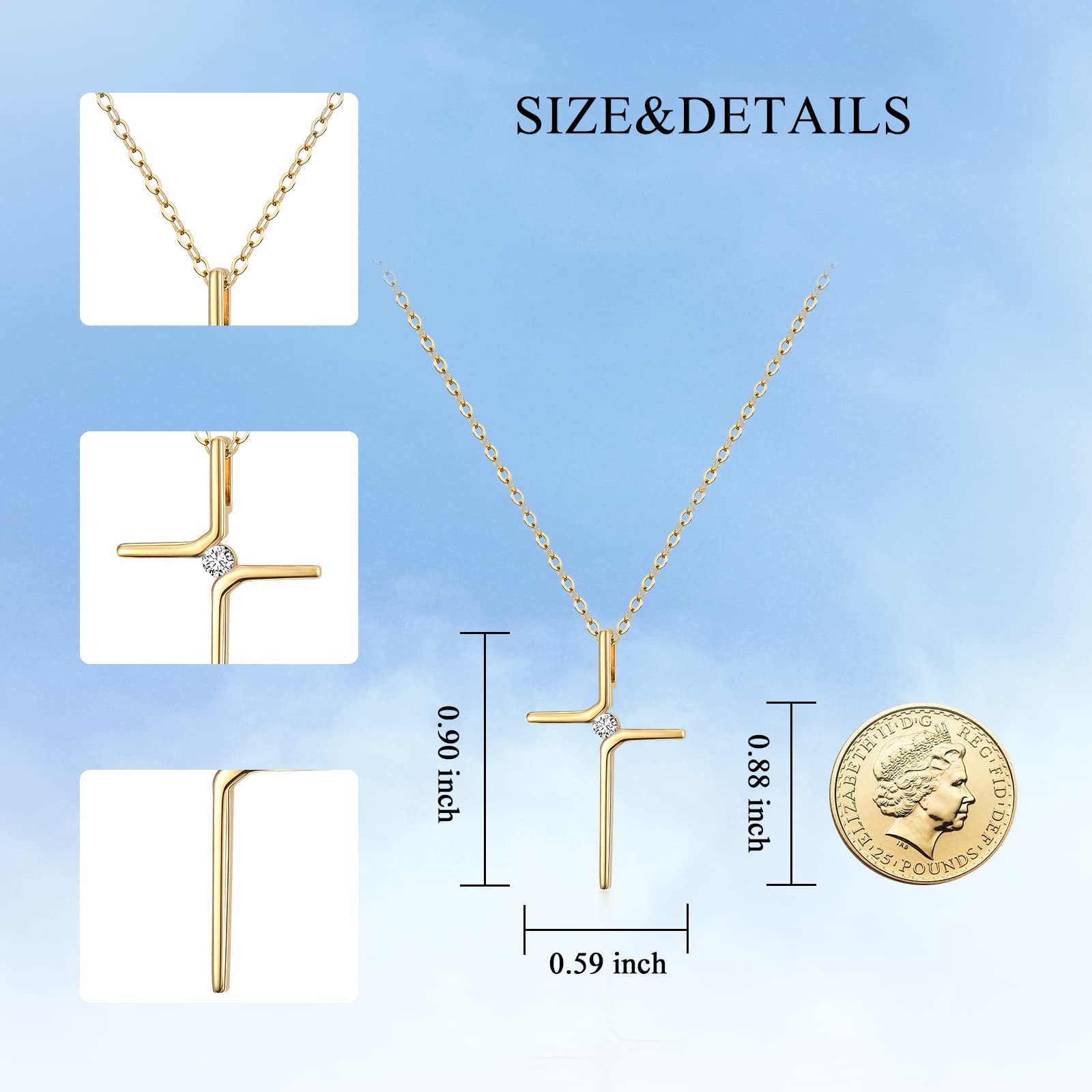 14k Real Gold Cross Necklace for Womens, Simple Yellow Gold Crucifix Cross Pendants Religious Confirmation Jewelry Gift for Her Mom, Wife, 16"-18"