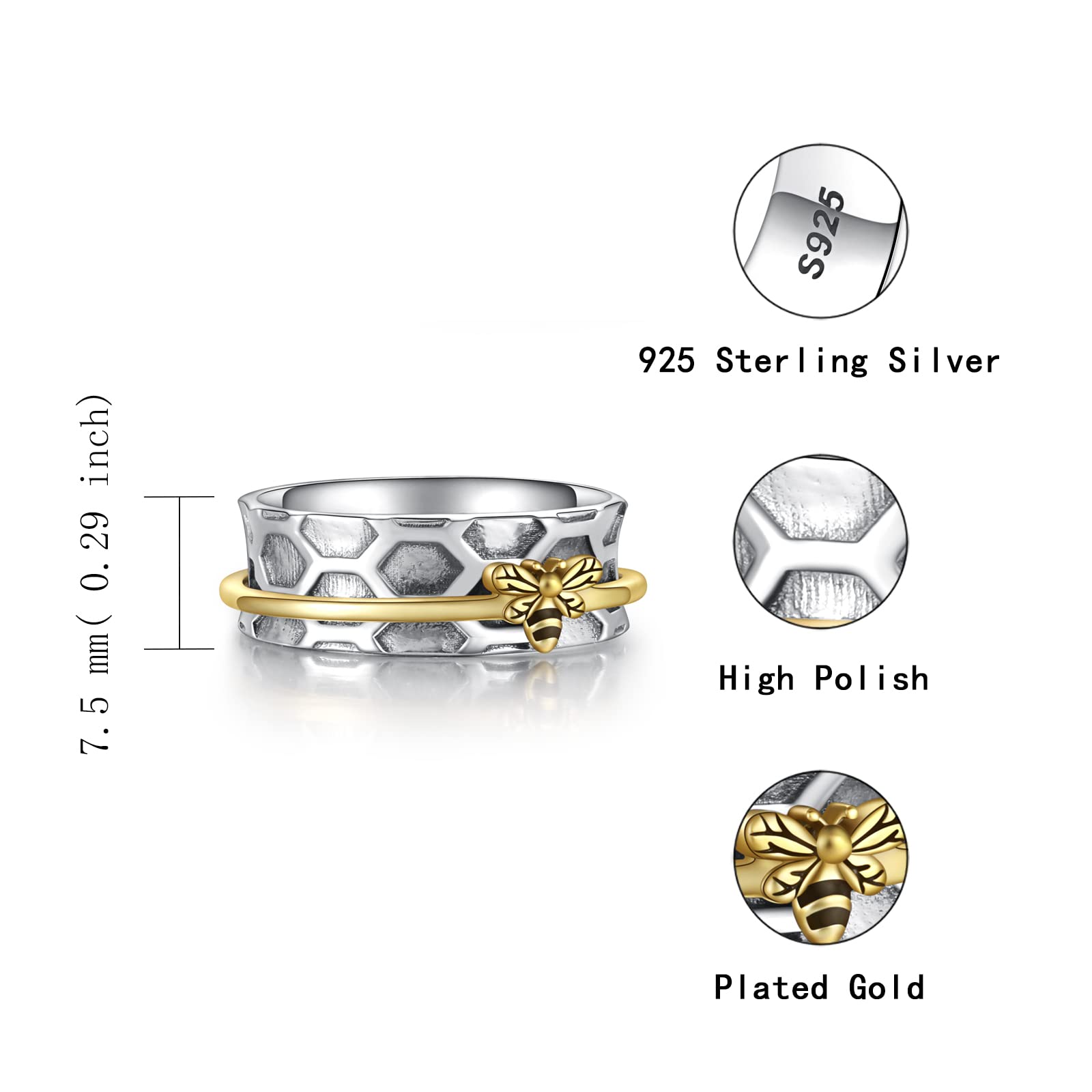 MANBU Sterling Silver Fidget Spinner Ring - Bee Anxiety Relief Meditation Spinner Ring Animal Stress Relieving Ring Jewelry Gift for Women Teens (9#)