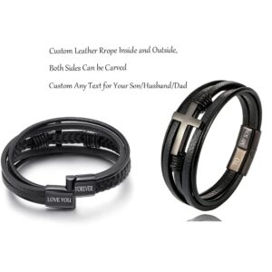 Personalized Cross Leather Bracelets for Sons -To My Son Bracelet from Mom Love You Forever -Mens Leather Bracelets Braided with Cross Christian Jewelry for Boyfriend Husband Son for Birthday Baptism Christmas Gift 7.4"/8.2"/9" (Silver)