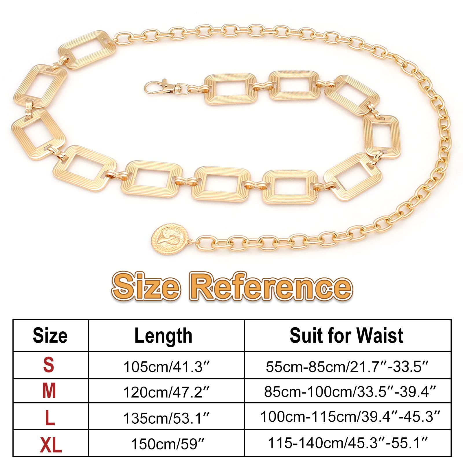 HIQUACC Women's Metal Waist Chain Chunky Body Jewelry Belly Link Belt (Square Gold-XL)