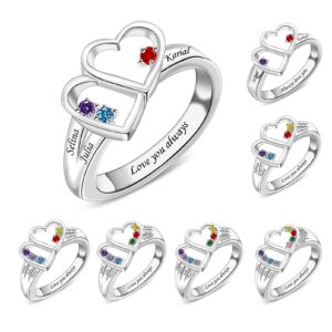 yuyoo personalized mothers rings with simulated birthstones engraved 1-8 family names mother's day rings custom love heart family rings for women (silver)