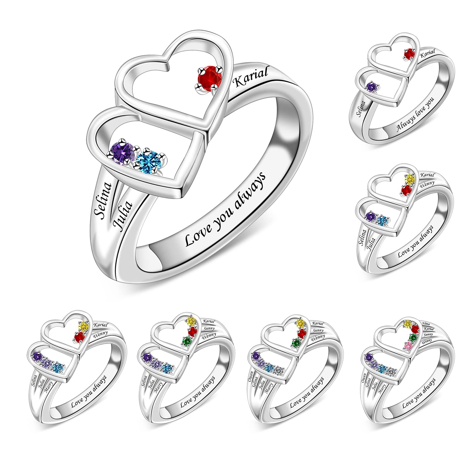 YUYOO Personalized Mothers Rings with Simulated Birthstones Engraved 1-8 Family Names Mother's Day Rings Custom Love Heart Family Rings for Women (Silver)