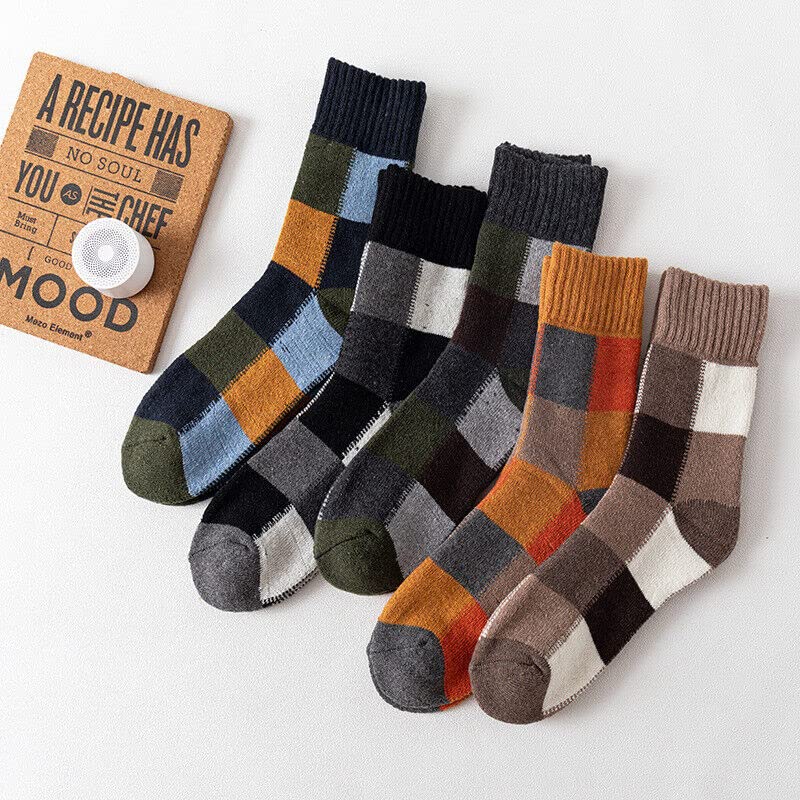 5 Pairs Men's Winter Wool Socks Warm Thick Thermal Socks for Men Nordic Hiking Warm Soft Stripe Splicing Retro Socks Men Size 7-11