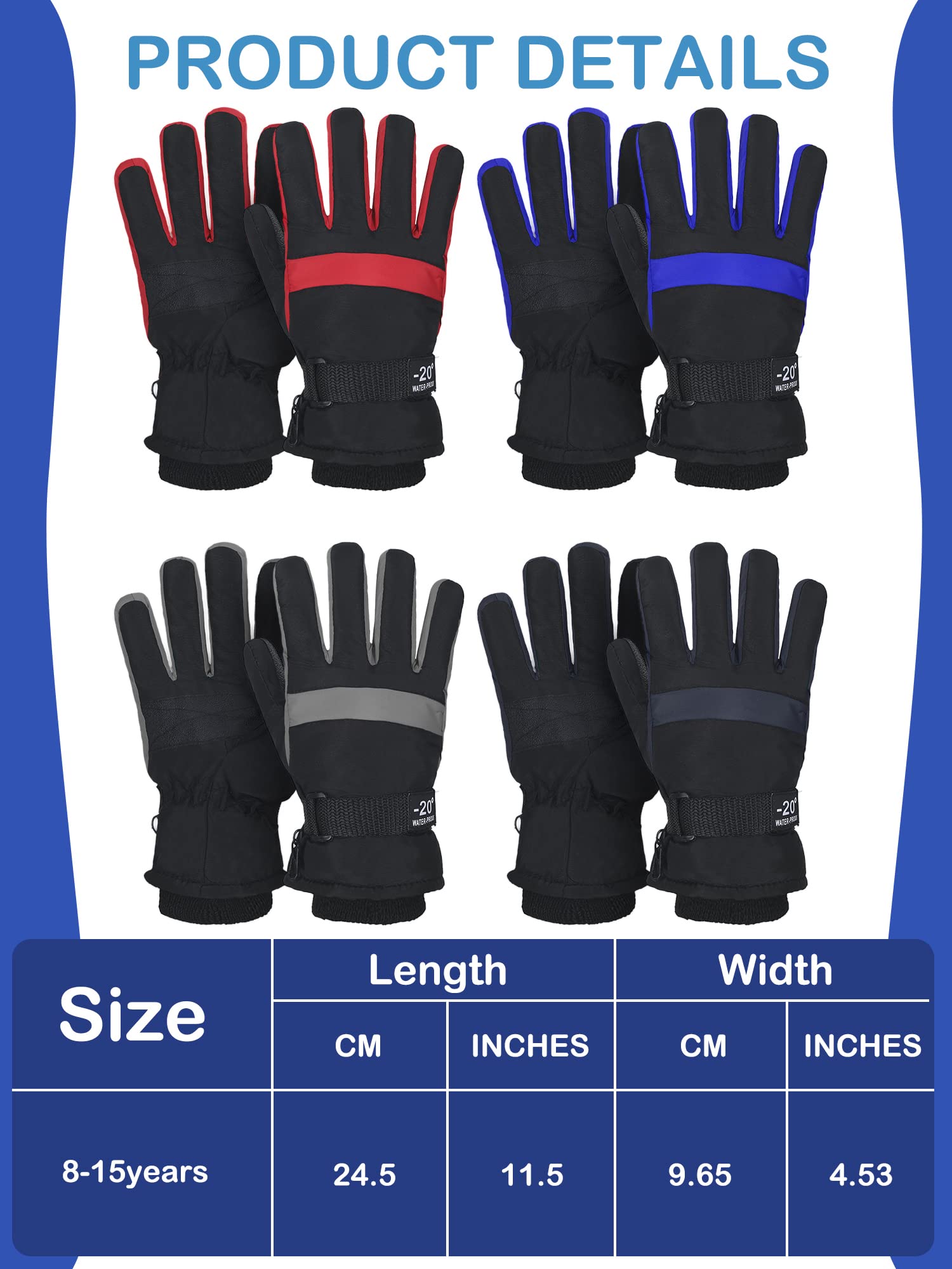 Eurzom 4 Pairs Kids Winter Ski Snow Gloves Waterproof and Windproof Adjustable Gloves for Kids, 4 Colors (Red, Blue, Bright Blue, Gray, 8-15 Years)