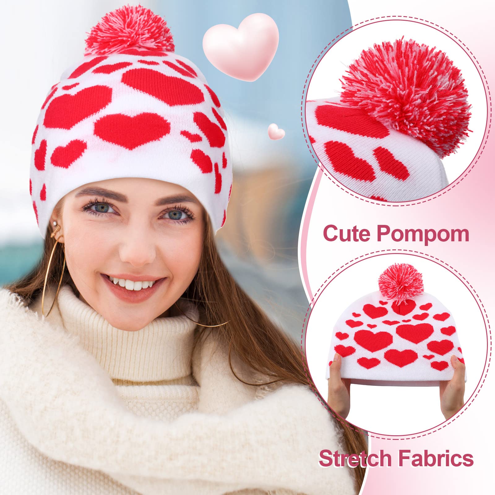 Valentine's Day Love Beanie Hats Heart Pattern Hats Warm Stretch Winter Knit Hat for Men Women Adult Valentine's Day Gifts (Heart,4 Pcs)