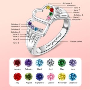 YUYOO Personalized Mothers Rings with Simulated Birthstones Engraved 1-8 Family Names Mother's Day Rings Custom Love Heart Family Rings for Women (Silver)