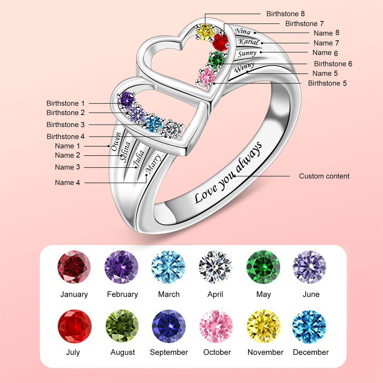 YUYOO Personalized Mothers Rings with Simulated Birthstones Engraved 1-8 Family Names Mother's Day Rings Custom Love Heart Family Rings for Women (Silver)