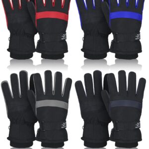 Eurzom 4 Pairs Kids Winter Ski Snow Gloves Waterproof and Windproof Adjustable Gloves for Kids, 4 Colors (Red, Blue, Bright Blue, Gray, 8-15 Years)