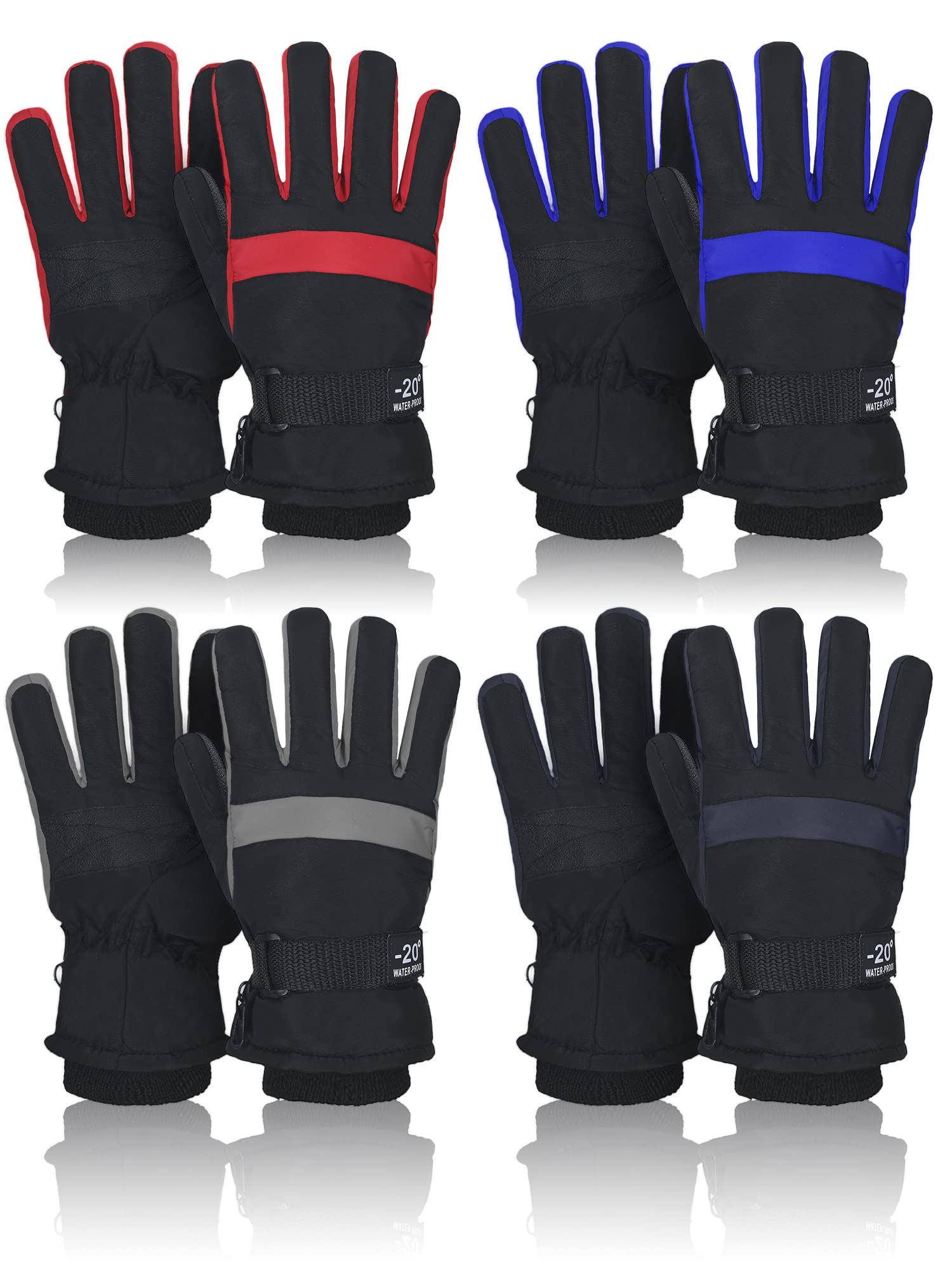 Eurzom 4 Pairs Kids Winter Ski Snow Gloves Waterproof and Windproof Adjustable Gloves for Kids, 4 Colors (Red, Blue, Bright Blue, Gray, 8-15 Years)