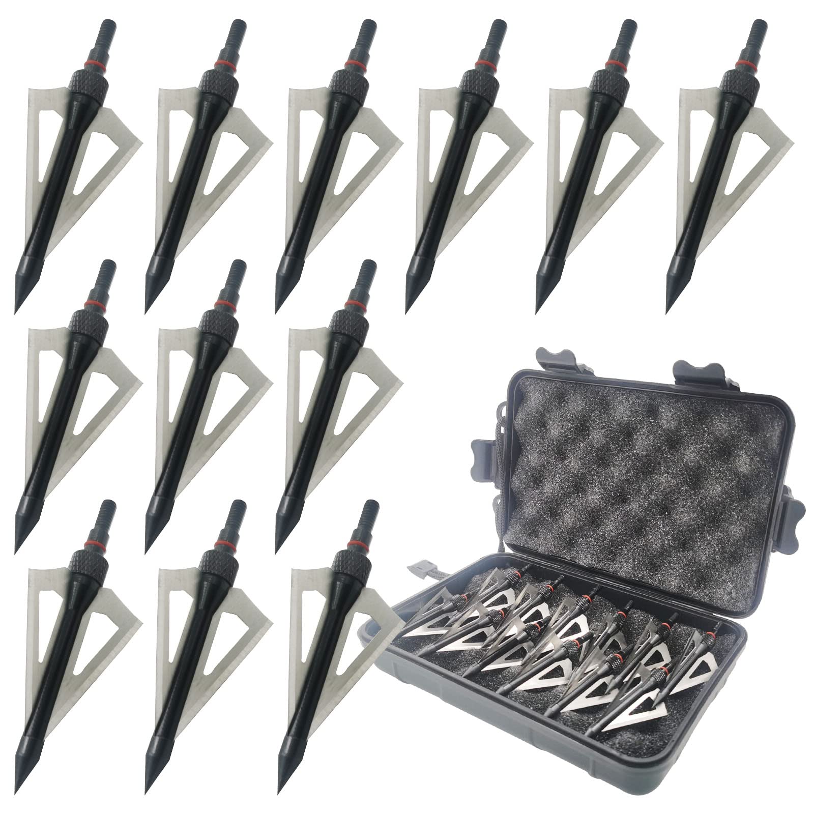 LeeMui Hunting Broadheads 12PK 100 Grains Screw-in Arrow Archery 3 Blades Hunting Heads Arrow Tips Compatible with Crossbow and Compound Bow + 1 PK Broadhead Storage Case (Black)