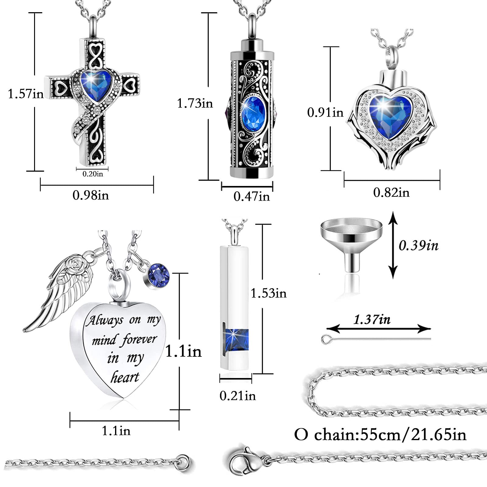 Cremation Urn Necklace for Ashes set of 5 -Crystal Heart Cremation Jewelry Memorial Jewelry for Ashes of Loved Ones Keepsake Urn for Human Ashes Pendant Necklace for Women Men (Blue 5 Pcs)