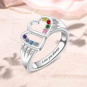 YUYOO Personalized Mothers Rings with Simulated Birthstones Engraved 1-8 Family Names Mother's Day Rings Custom Love Heart Family Rings for Women (Silver)