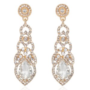 trwwell elegant rhinestone gold wedding bridal teardrop dangle earrings bling crystal chandelier dangling earrings for women brides