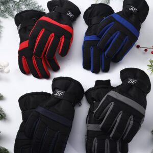 Eurzom 4 Pairs Kids Winter Ski Snow Gloves Waterproof and Windproof Adjustable Gloves for Kids, 4 Colors (Red, Blue, Bright Blue, Gray, 8-15 Years)