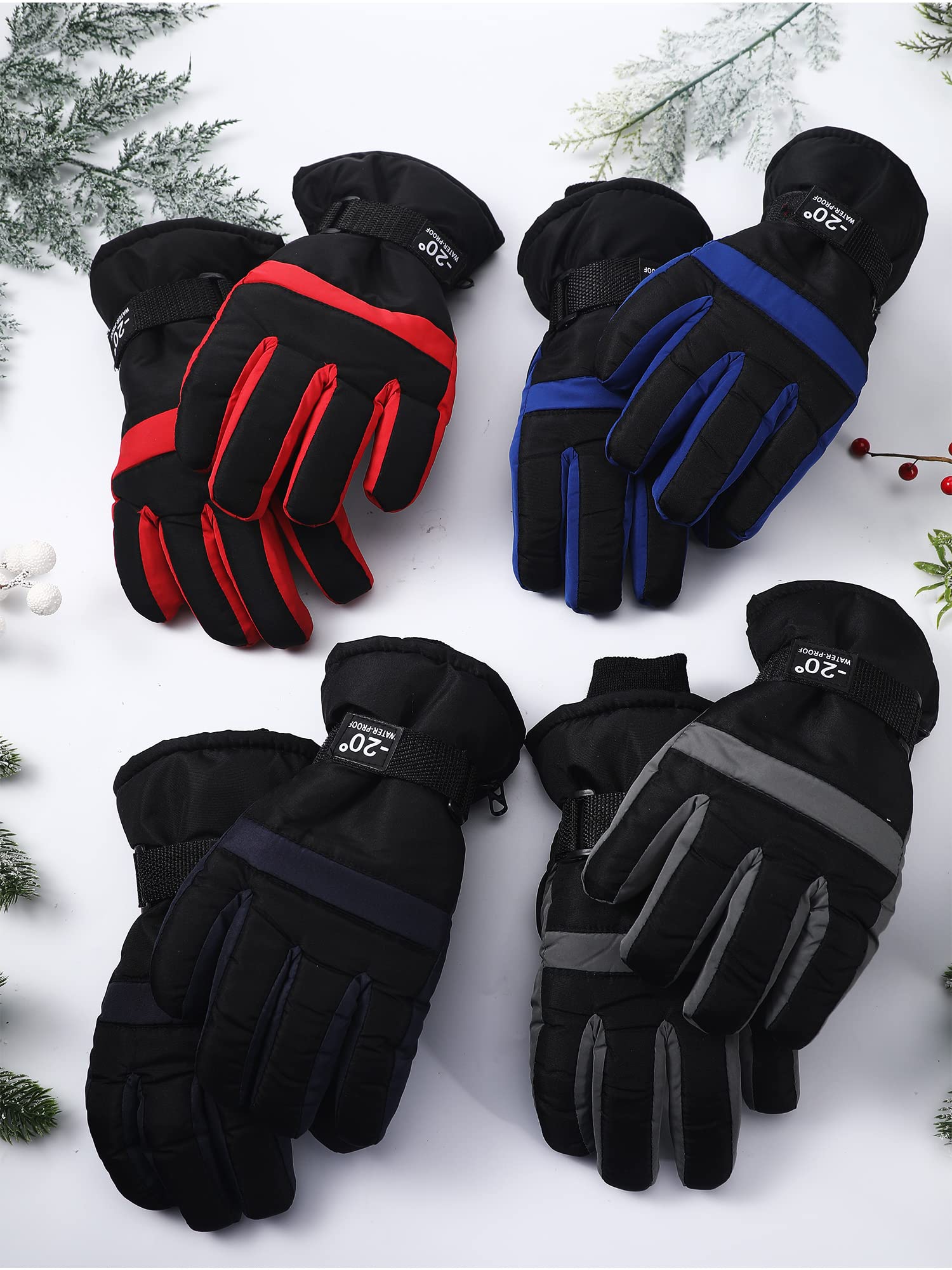 Eurzom 4 Pairs Kids Winter Ski Snow Gloves Waterproof and Windproof Adjustable Gloves for Kids, 4 Colors (Red, Blue, Bright Blue, Gray, 8-15 Years)