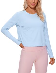 crz yoga pima cotton long sleeve workout shirts for women loose cropped tops athletic sports t-shirt blue linen medium