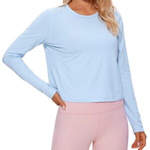 CRZ YOGA Pima Cotton Long Sleeve Workout Shirts for Women Loose Cropped Tops Athletic Sports T-Shirt Blue Linen Medium