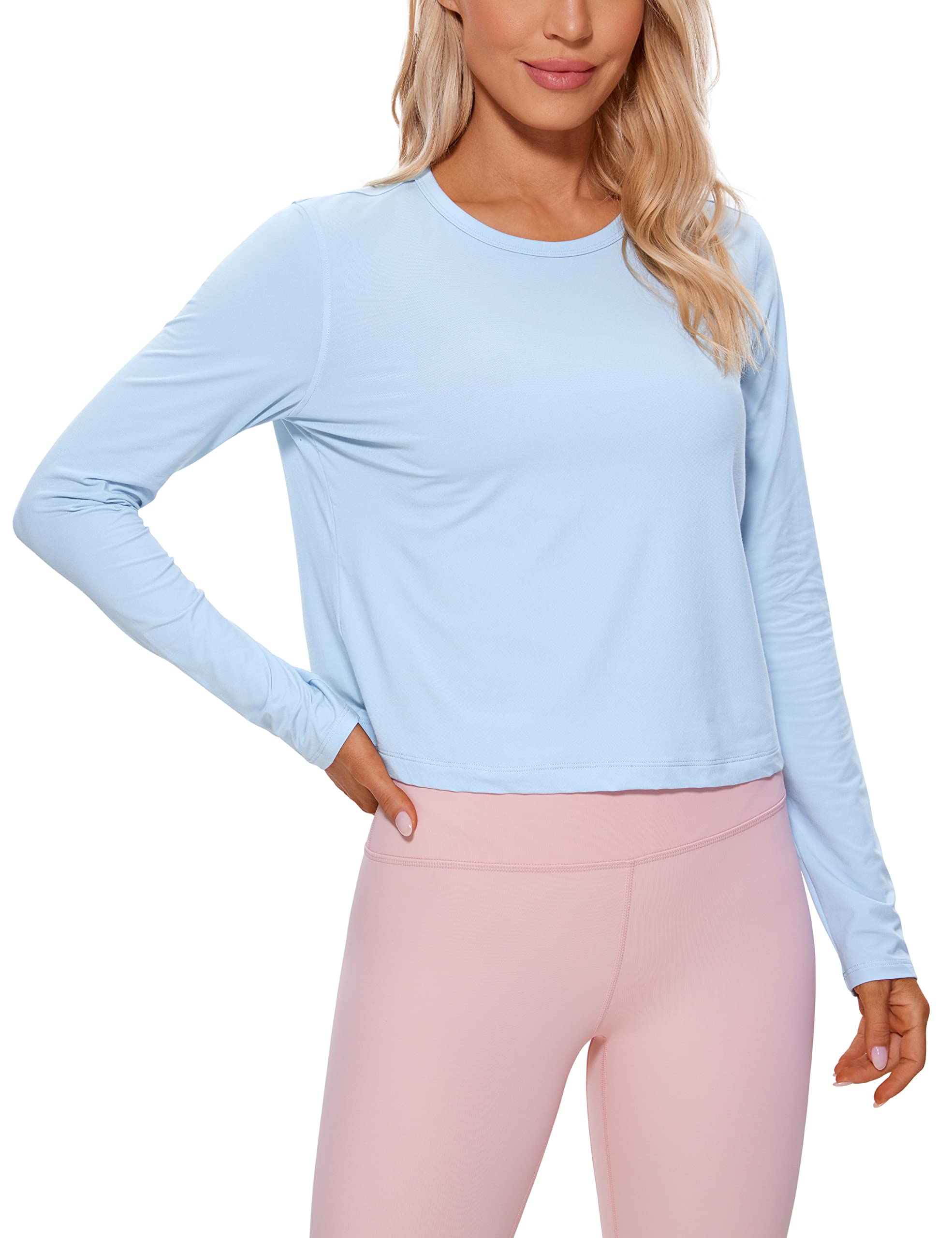 CRZ YOGA Pima Cotton Long Sleeve Workout Shirts for Women Loose Cropped Tops Athletic Sports T-Shirt Blue Linen Medium