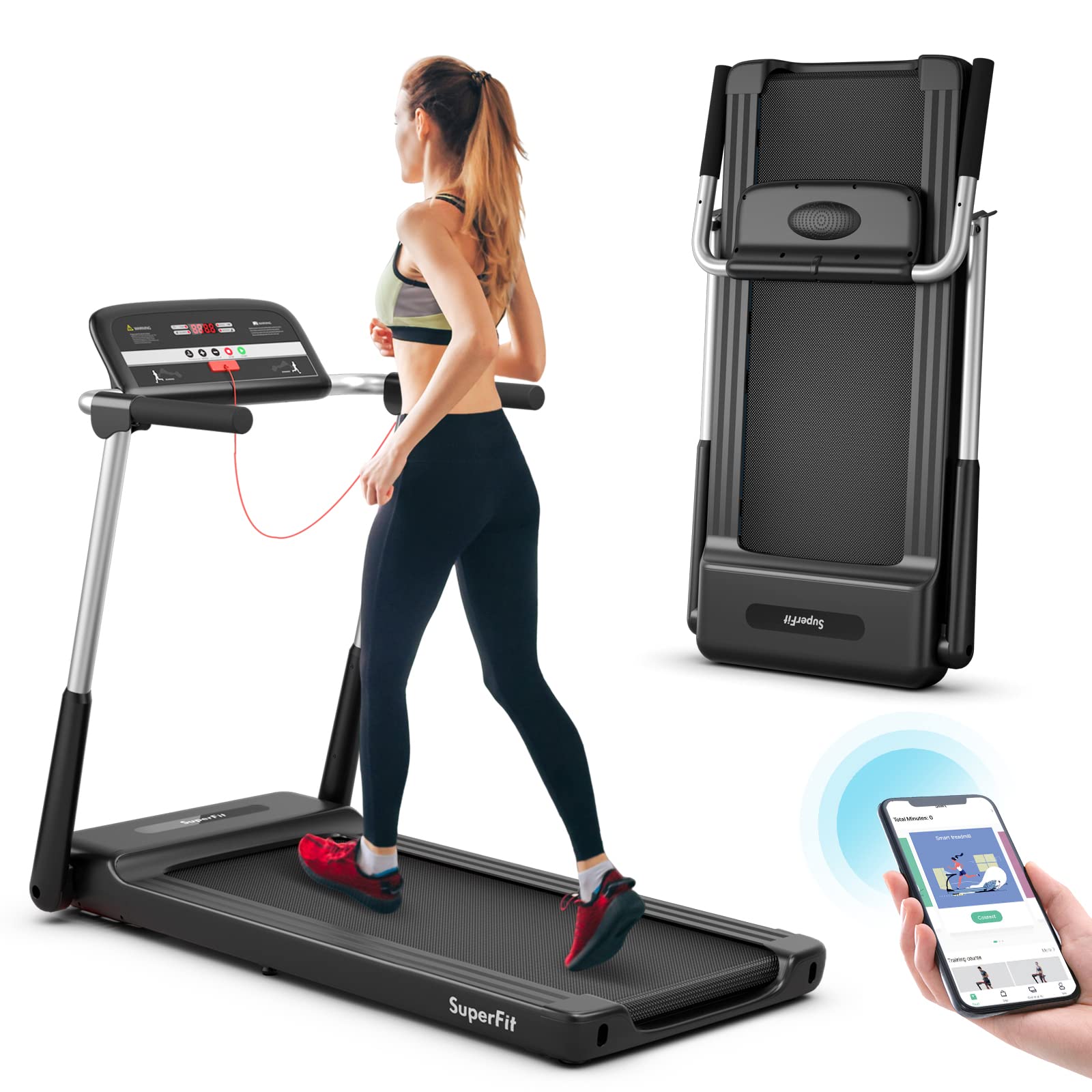 Goplus 2.25HP Folding Treadmill, Compact Superfit Treadmill with LED Display and APP Control, Portable Walking Jogging Running Machine for Home Apartment Office Black