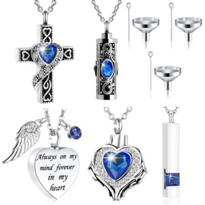 Cremation Urn Necklace for Ashes set of 5 -Crystal Heart Cremation Jewelry Memorial Jewelry for Ashes of Loved Ones Keepsake Urn for Human Ashes Pendant Necklace for Women Men (Blue 5 Pcs)