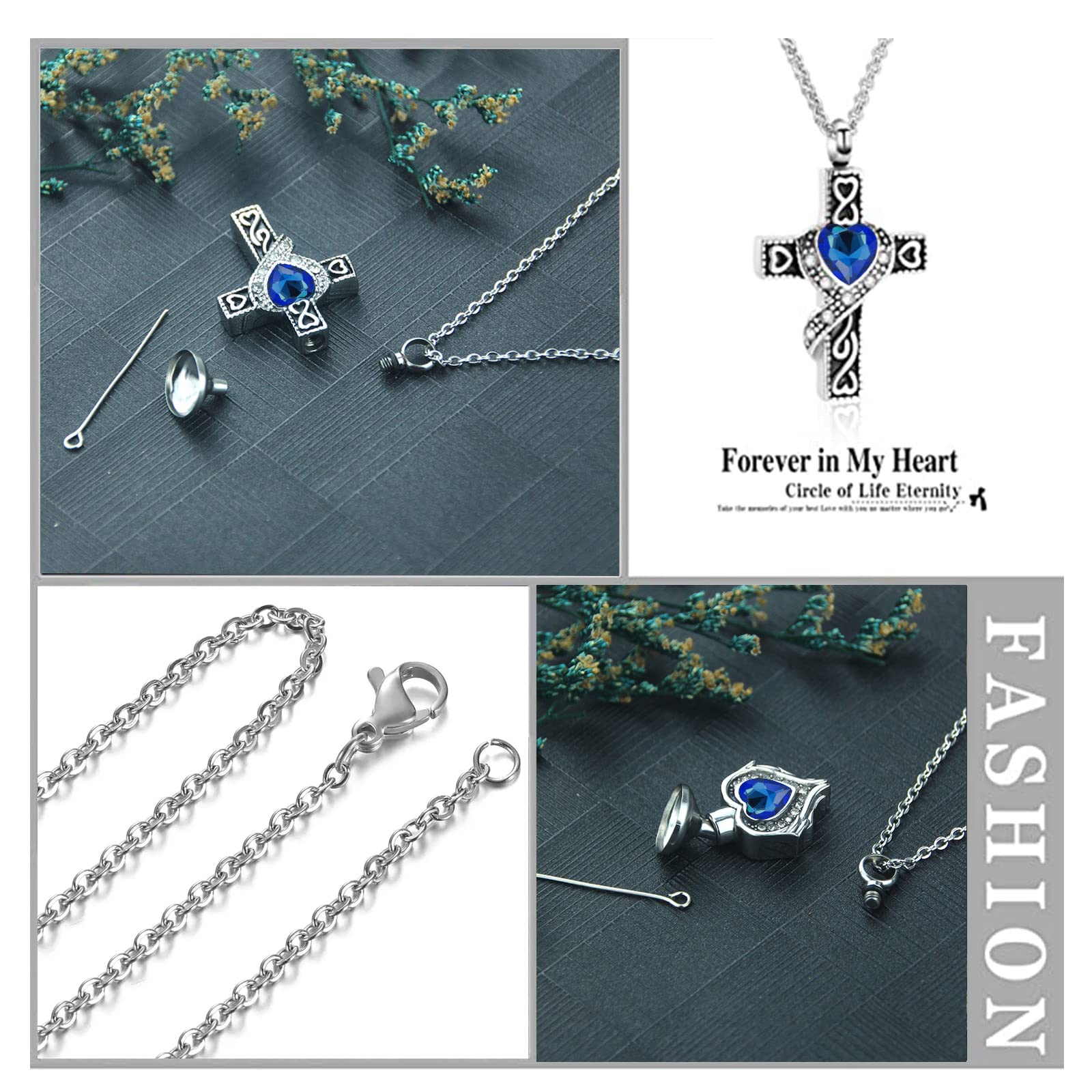 Cremation Urn Necklace for Ashes set of 5 -Crystal Heart Cremation Jewelry Memorial Jewelry for Ashes of Loved Ones Keepsake Urn for Human Ashes Pendant Necklace for Women Men (Blue 5 Pcs)