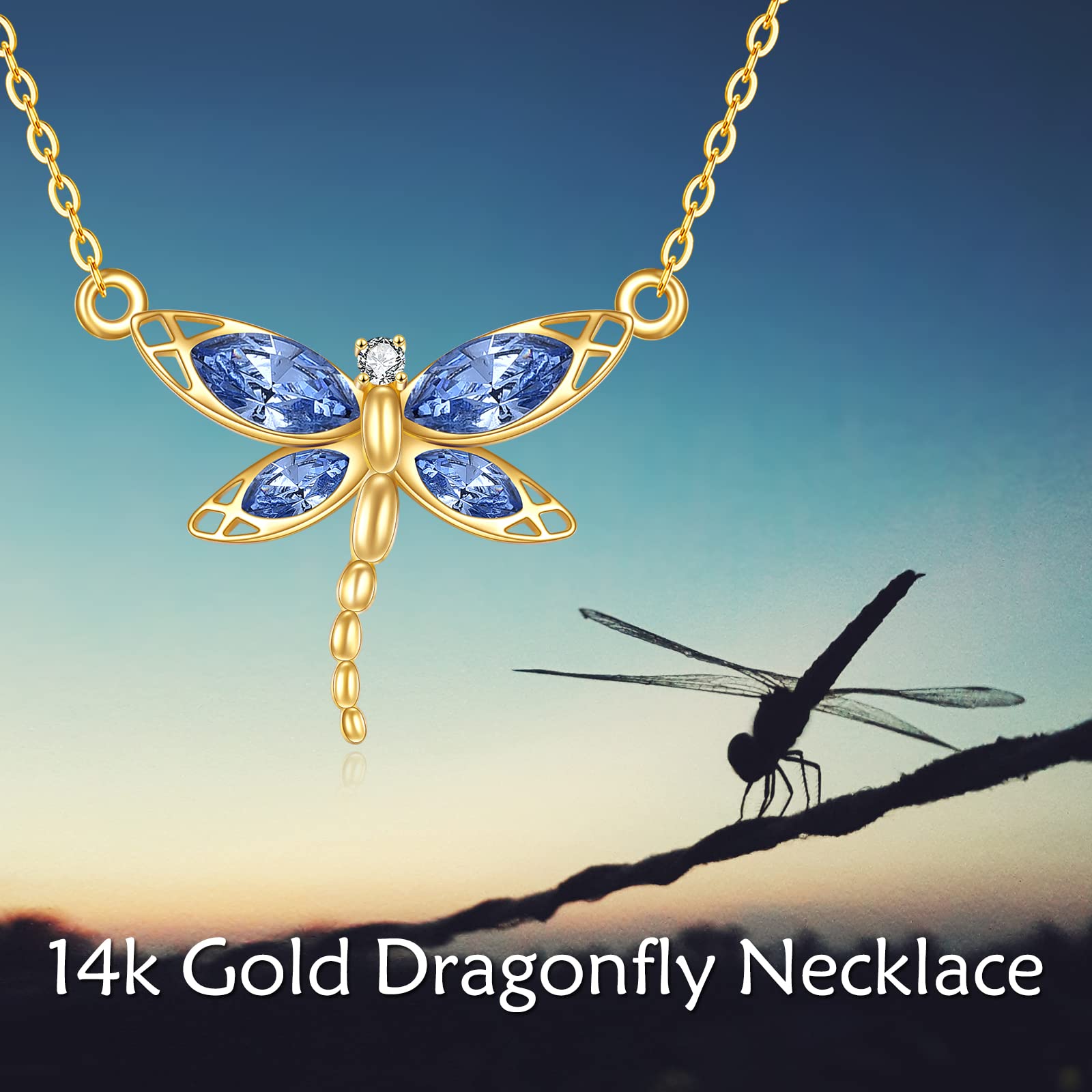 KECHO 14K Solid Gold Dragonfly Necklace for Women Cubic Zirconia Dragonfly Pendant Necklace Jewelry Mothers Day Birthday Gifts for Women Girlfriend