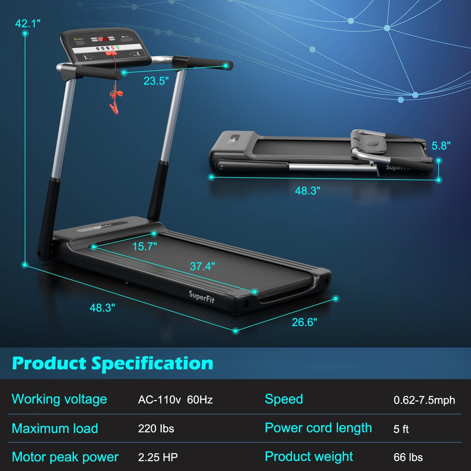 Goplus 2.25HP Folding Treadmill, Compact Superfit Treadmill with LED Display and APP Control, Portable Walking Jogging Running Machine for Home Apartment Office Black