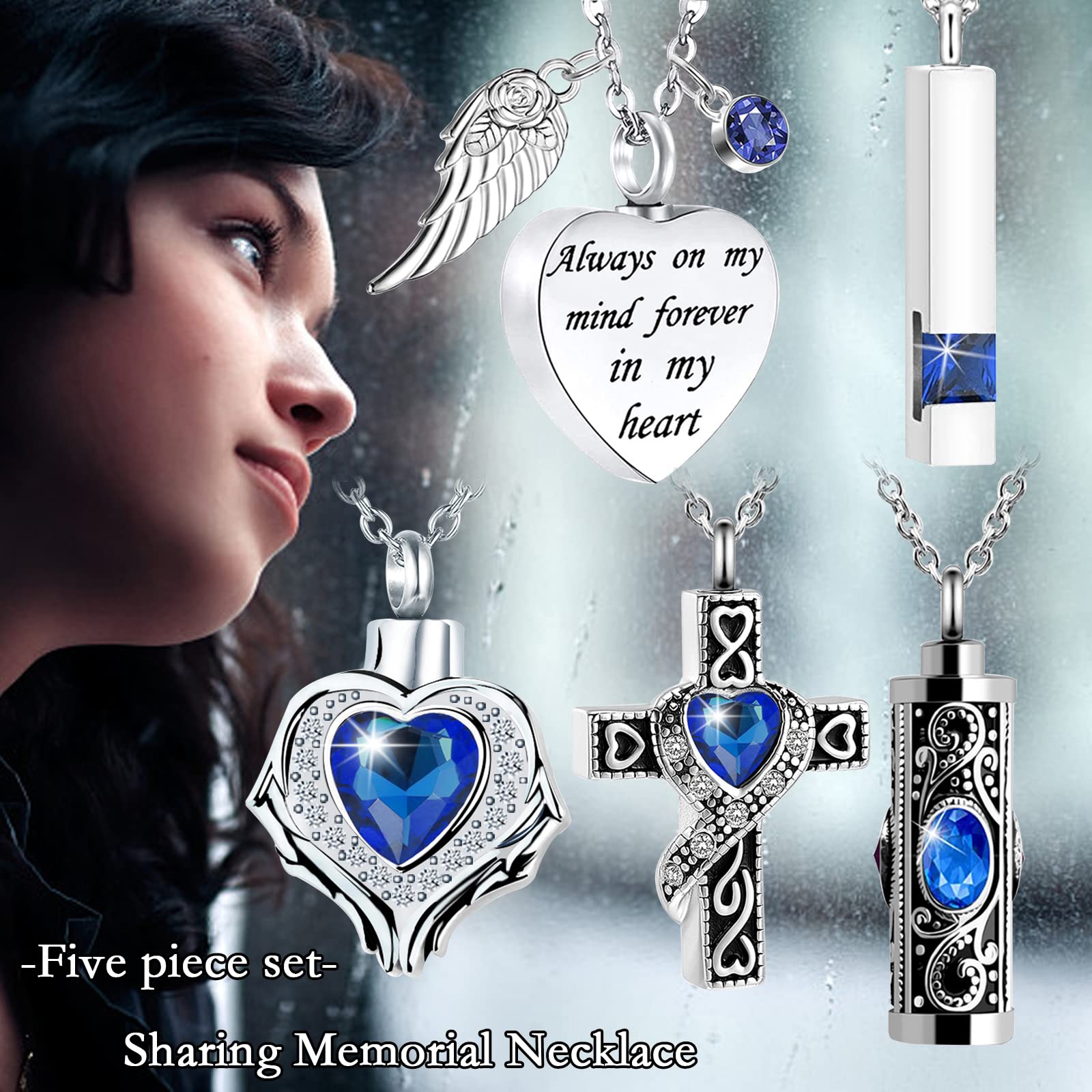 Cremation Urn Necklace for Ashes set of 5 -Crystal Heart Cremation Jewelry Memorial Jewelry for Ashes of Loved Ones Keepsake Urn for Human Ashes Pendant Necklace for Women Men (Blue 5 Pcs)