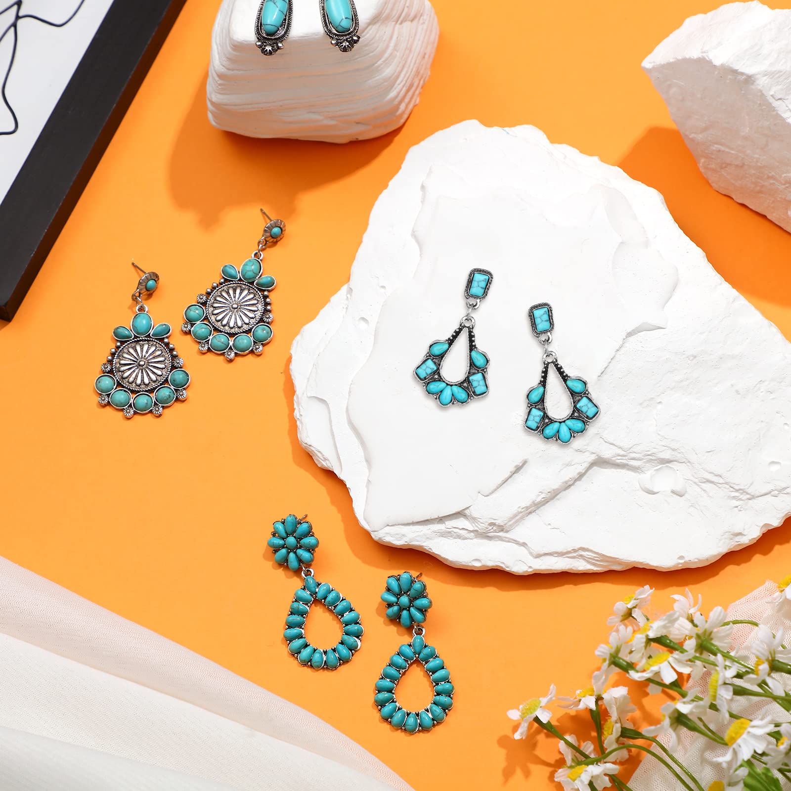 Trnayi 12 Pairs Turquoise Earring Set Turquoise Bohemian Dangle Stud Earrings Turquoise Round Metal Earrings Boho Vintage Oval Earring Metal Earring for Women(Fresh Style)