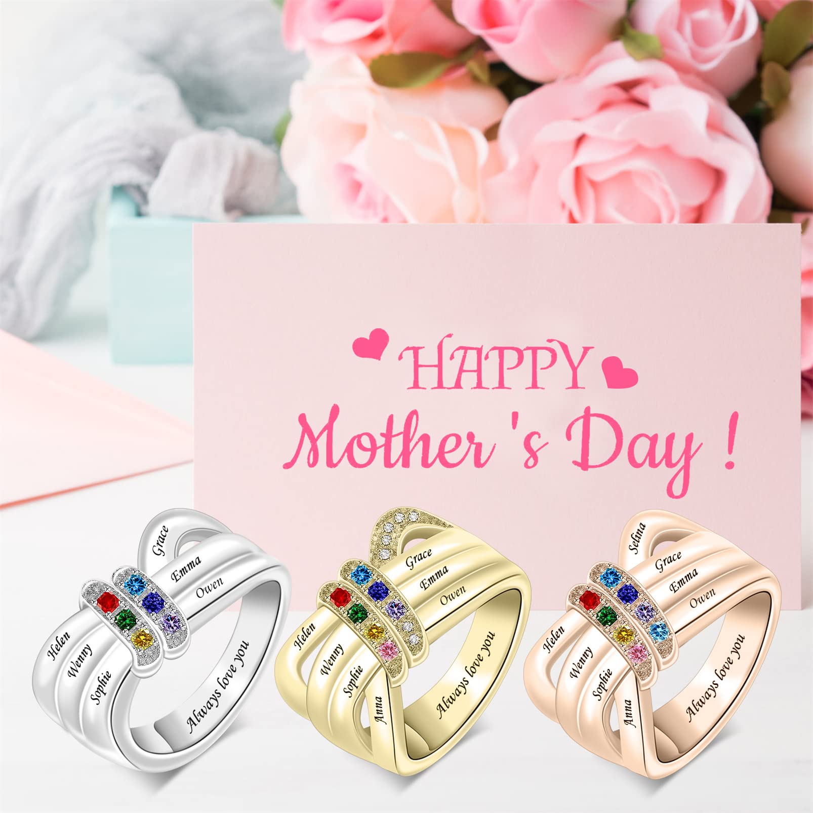 ORFANDE Custom Mothers Ring for Women with 1-8 Simulated Birthstones Personalized Name Ring for Mother Customized Engraved Family Ring Christmas Gift for Mom Grandma (3 Stones)