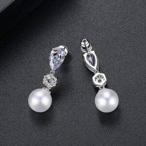 Cubic Zirconia Simulated Shell Pearl Earrings Dangle for Women, Platinum Plated Rhinestones Pearl Earrings Dangling,Bridal Pearl Earrings Drop for Wedding, Brides, Bridesmaid.