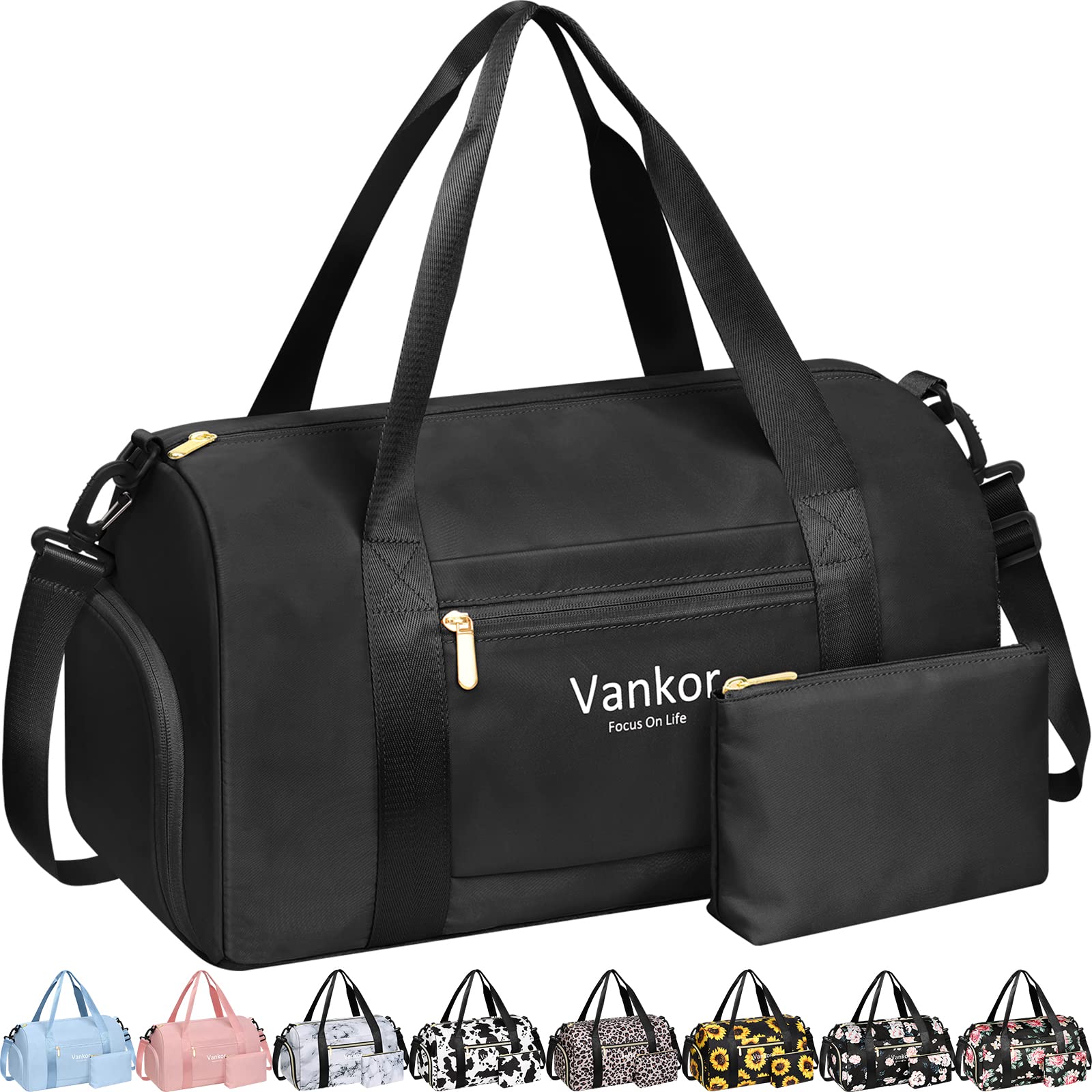 Gym Bag for Women with Shoe Compartment Waterproof, Sports Duffle Bag for Travel Duffel Weekender Carry on Beach Yoga Overnight Luggage Mommy Maternity Hospital Bag Black 17.5 Inch