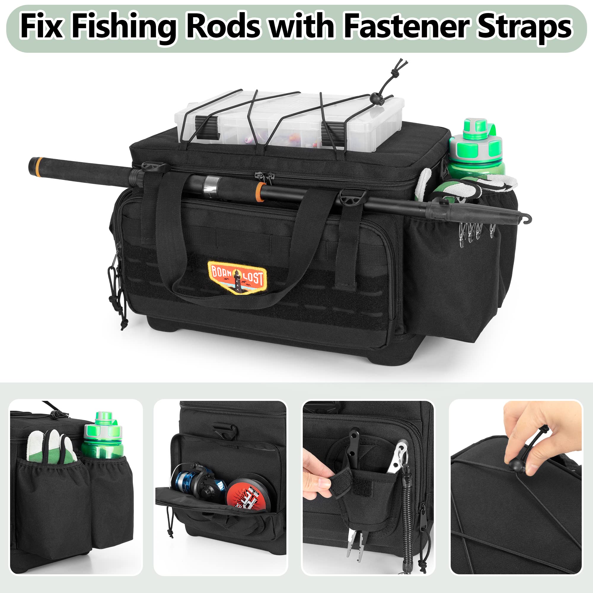 GOBUROS Waterproof Fishing Tackle Bag with Waterproof EVA Bottom (No Tackle Boxes in Package), Soft Tackle Box Storage Bag with Rod Holder, Pliers Storage for Fishing