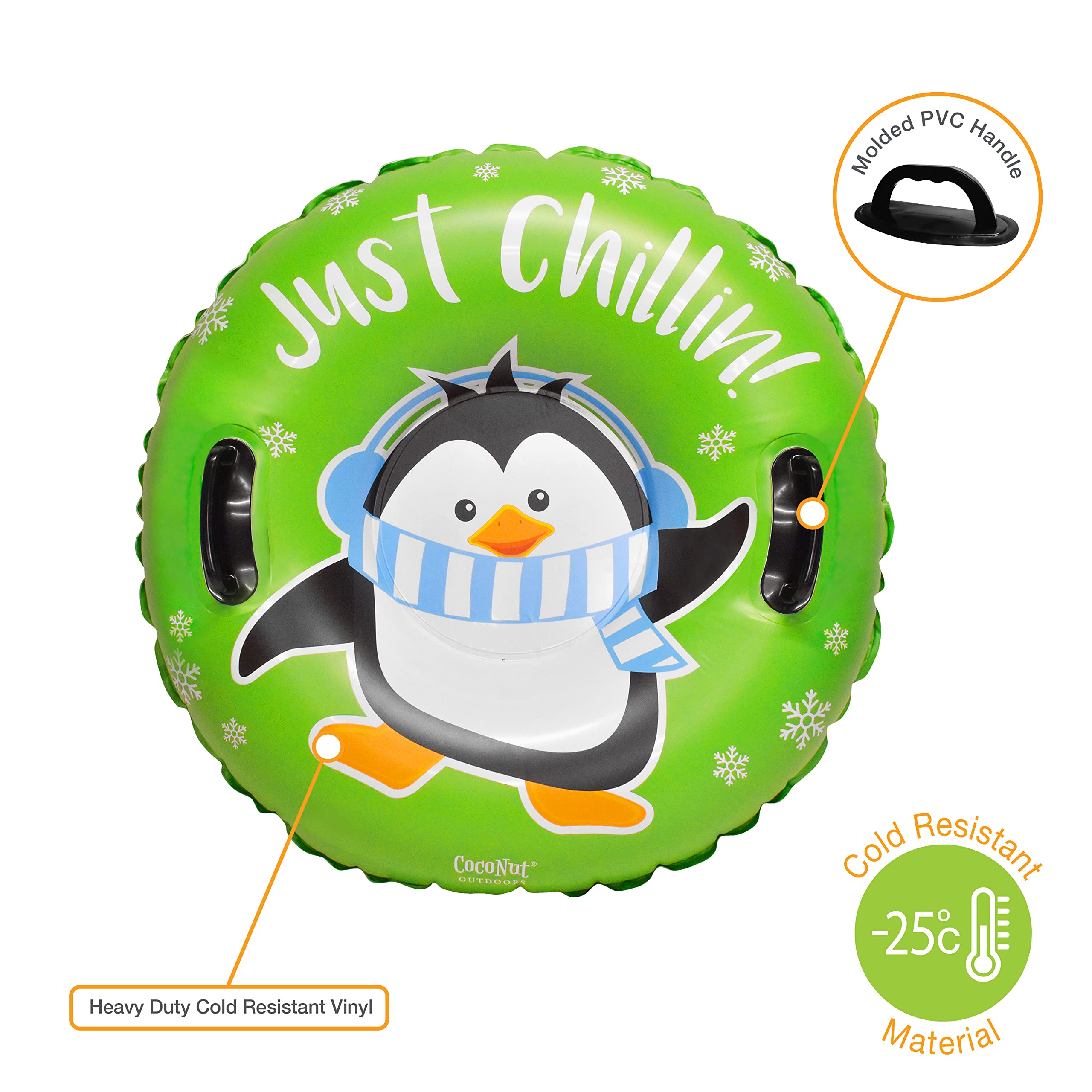 CocoNut Outdoor- 32” Inflatable Penguin Snow Ring- “Just Chillin” Heavy Duty Snow Sled with Sturdy Handles for Kids, Teens and Adults-Cold Resistant Toboggan -Lightweight Tube for Boys and Girls