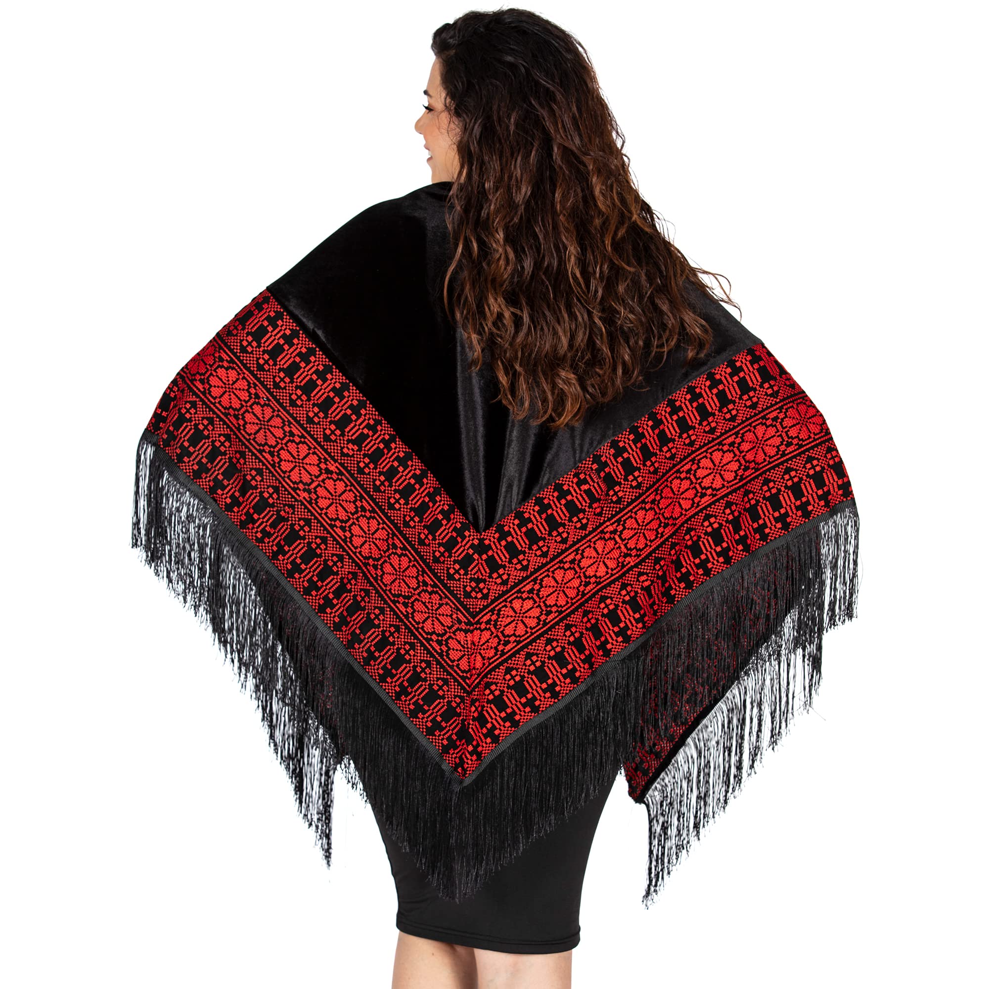 Palestinian Tatreez (Embroidery) Shawl made in Hebron featuring the classic red and black tatreez colors